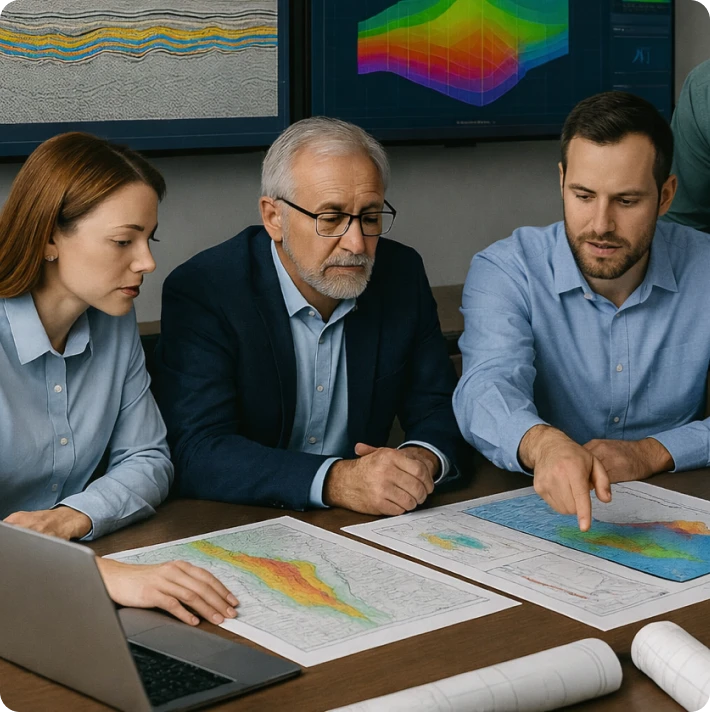 Team analyzing geological maps and data